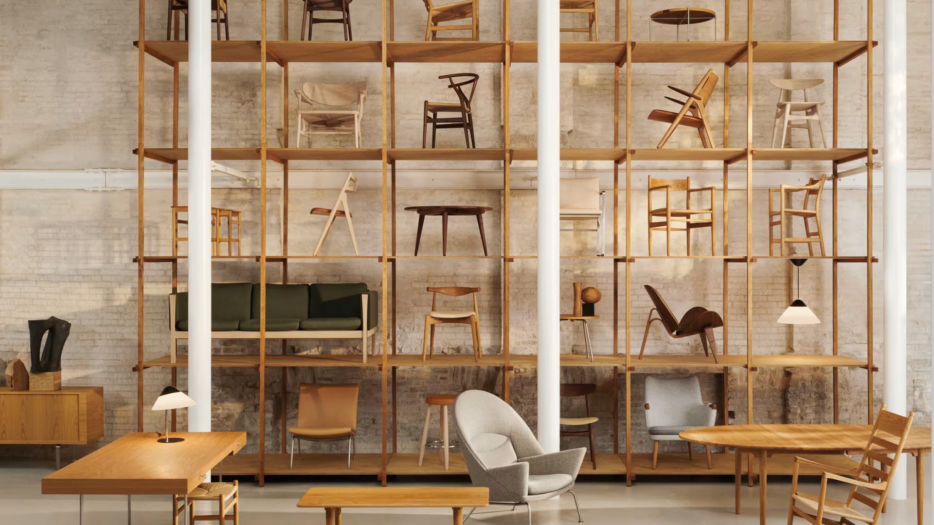 Modern interior design with wooden furniture and a large shelving unit.